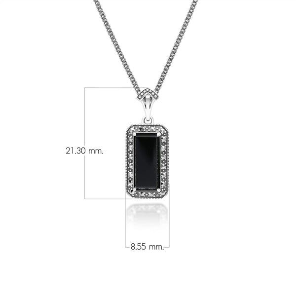 Gemondo Art Deco Style Octagon Onyx And Marcasite Pendant Necklace In Sterling Silver