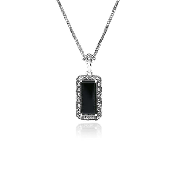 gemondo Art Deco Style Octagon Onyx and Marcasite Pendant Necklace in Sterling Silver