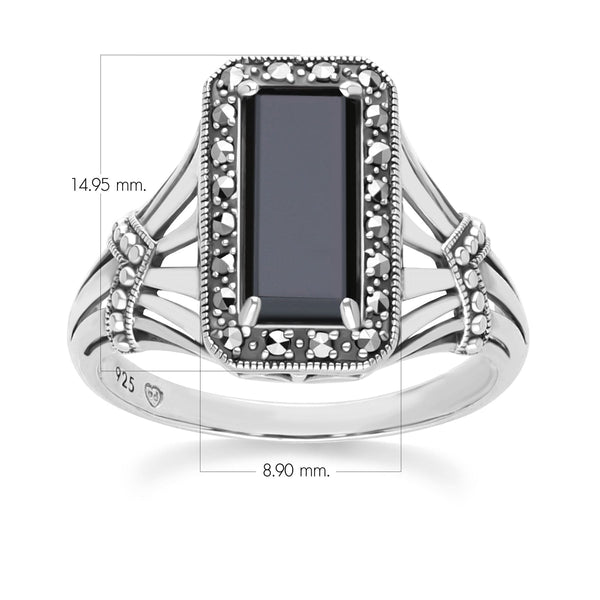 Gemondo Art Deco Style Octagon Onyx And Marcasite Ring In Sterling Silver