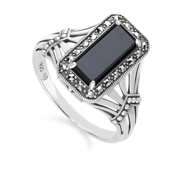 Gemondo Art Deco Style Octagon Onyx And Marcasite Ring In Sterling Silver