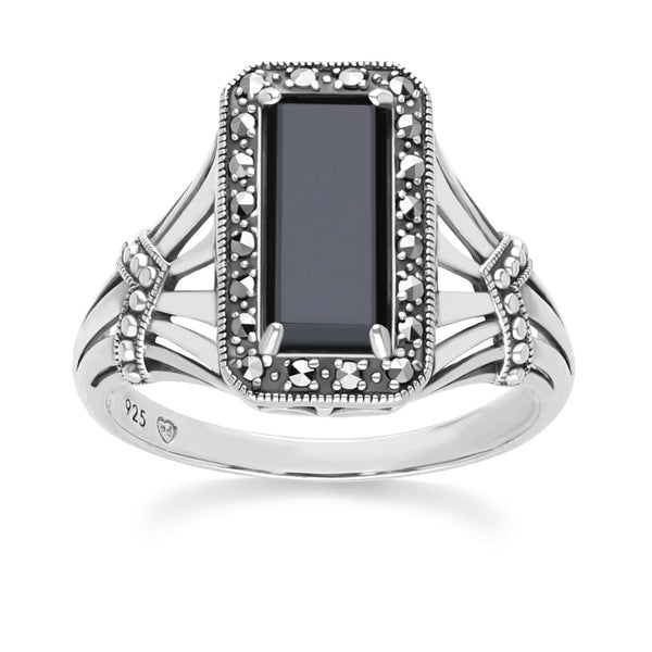 gemondo Art Deco Style Octagon Onyx and Marcasite Ring in Sterling Silver