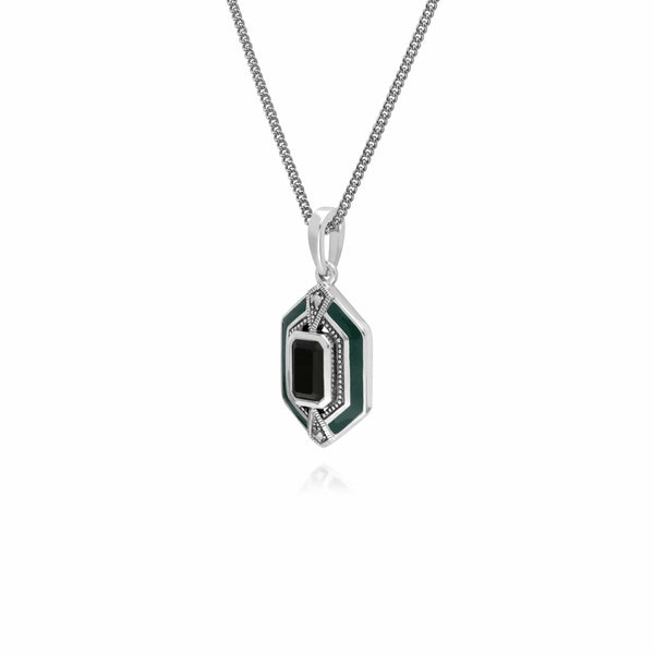 Gemondo Art Deco Style Octagon Onyx Marcasite & Enamel Hexagon Pendant In 925 Sterling Silver