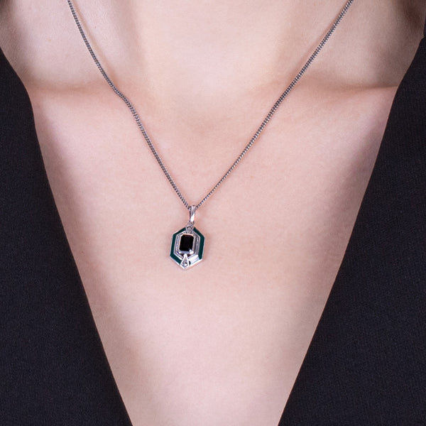 Gemondo Art Deco Style Octagon Onyx Marcasite & Enamel Hexagon Pendant In 925 Sterling Silver