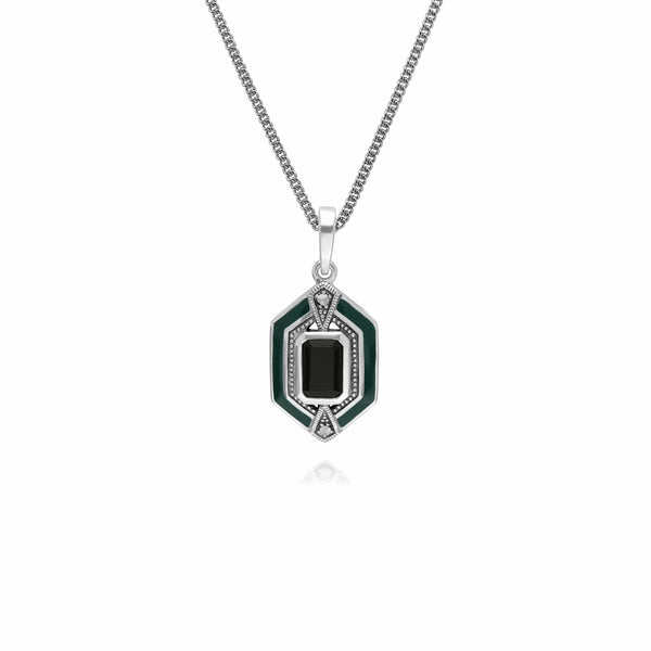 gemondo Art Deco Style Octagon Onyx Marcasite & Enamel Hexagon Pendant in 925 Sterling Silver