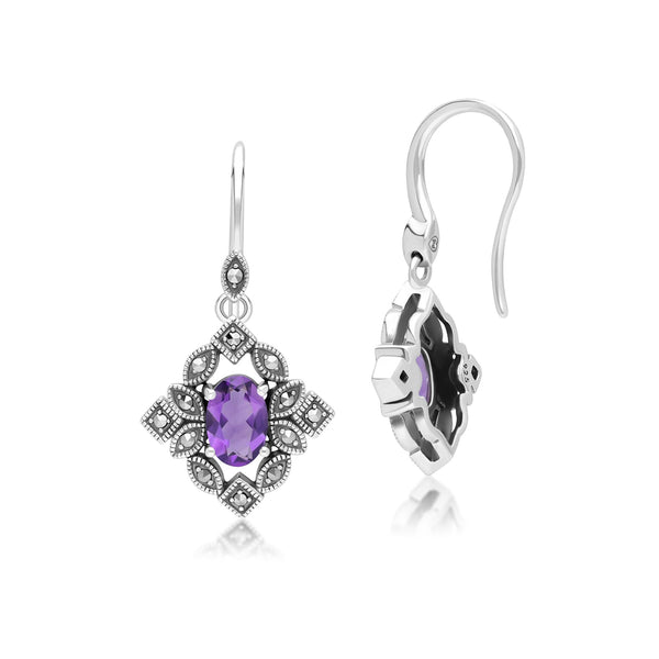 Gemondo Art Deco Style Oval Amethyst & Marcasite Drop Earrings In Sterling Silver