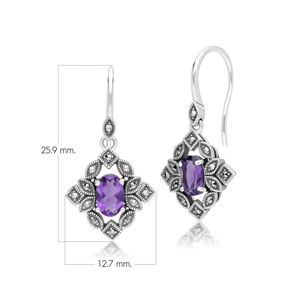 Gemondo Art Deco Style Oval Amethyst & Marcasite Drop Earrings In Sterling Silver