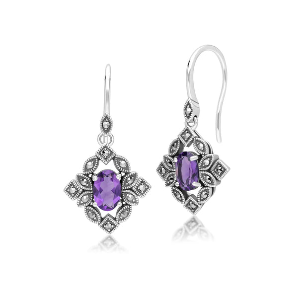 gemondo Art Deco Style Oval Amethyst & Marcasite Drop Earrings in Sterling Silver