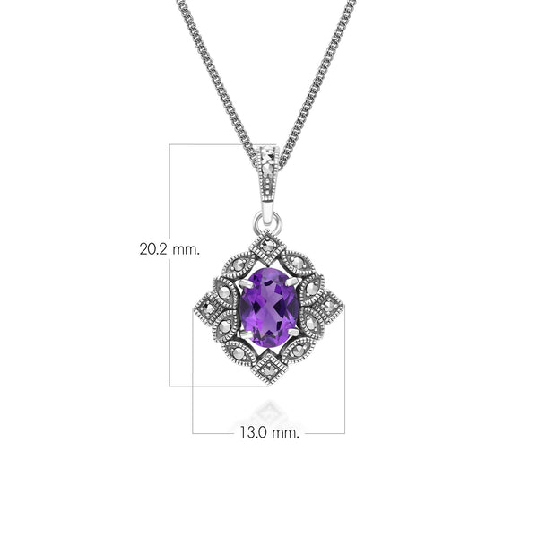 Gemondo Art Deco Style Oval Amethyst & Marcasite Pendant Necklace In Sterling Silver