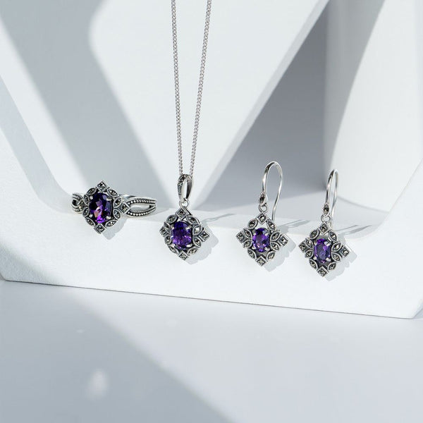 Gemondo Art Deco Style Oval Amethyst & Marcasite Pendant Necklace In Sterling Silver