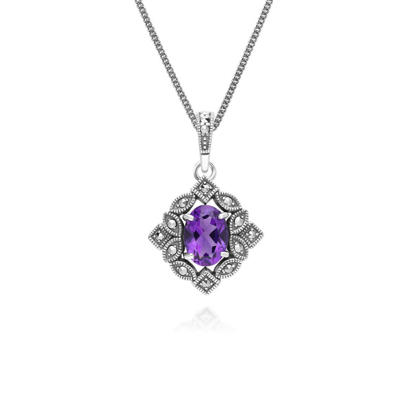 gemondo Art Deco Style Oval Amethyst & Marcasite Pendant Necklace in Sterling Silver