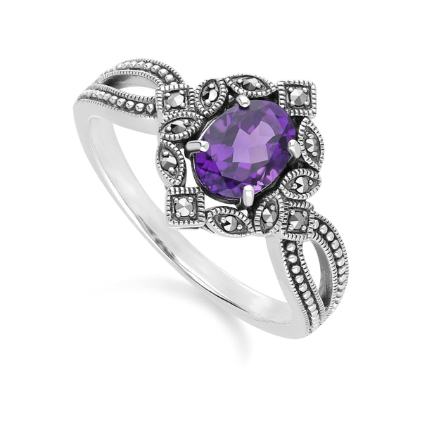 Gemondo Art Deco Style Oval Amethyst & Marcasite Ring In Sterling Silver