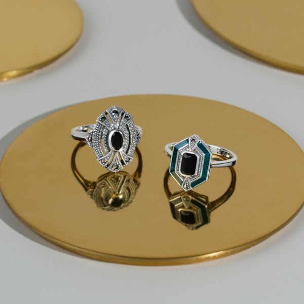 Gemondo Art Deco Style Oval Black Onyx & Marcasite Cocktail Ring In 925 Sterling Silver