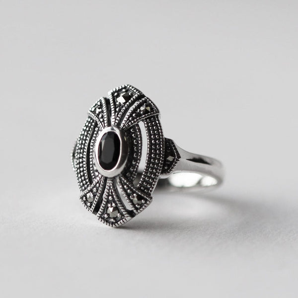 Gemondo Art Deco Style Oval Black Onyx & Marcasite Cocktail Ring In 925 Sterling Silver