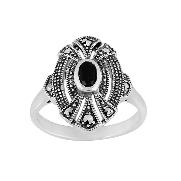 gemondo Art Deco Style Oval Black Onyx & Marcasite Cocktail Ring in 925 Sterling Silver