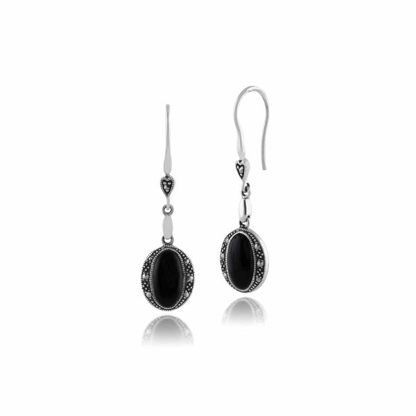 gemondo Art Deco Style Oval Black Onyx & Marcasite Drop Earrings in 925 Sterling Silver