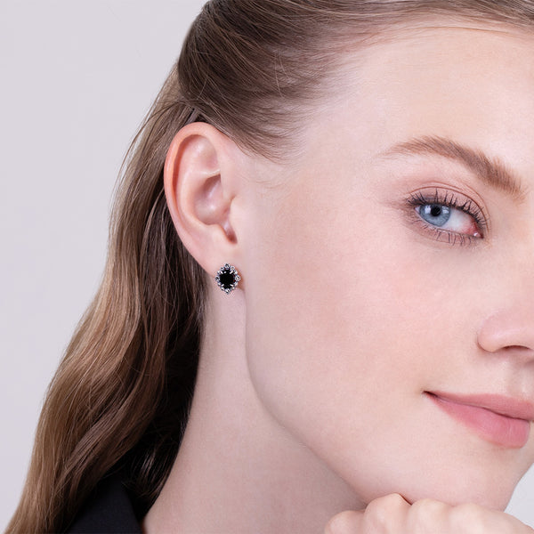 Gemondo Art Deco Style Oval Black Spinel & Marcasite Stud Earrings In 925 Sterling Silver