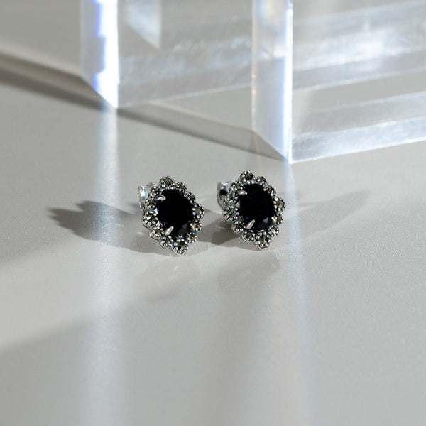 Gemondo Art Deco Style Oval Black Spinel & Marcasite Stud Earrings In 925 Sterling Silver