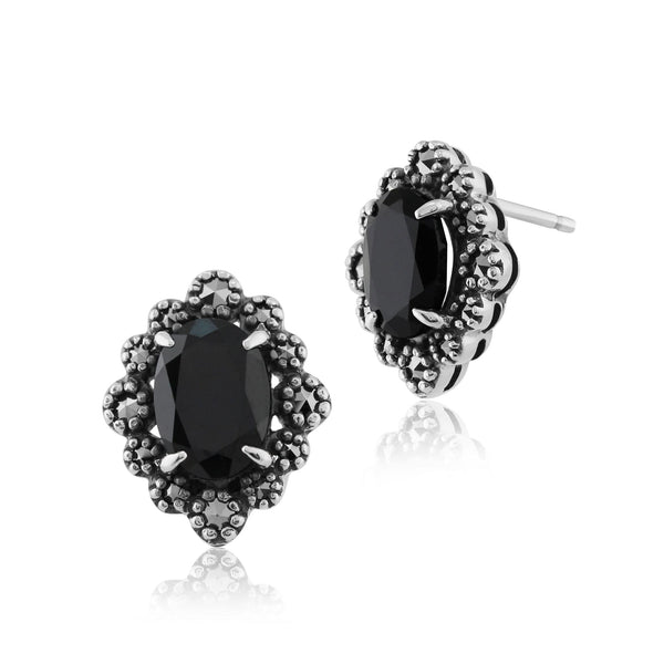 gemondo Art Deco Style Oval Black Spinel & Marcasite Stud Earrings in 925 Sterling Silver