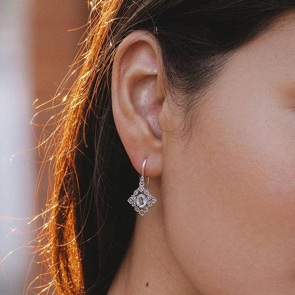 Gemondo Art Deco Style Oval Blue Topaz & Marcasite Drop Earrings In Sterling Silver