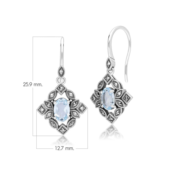 Gemondo Art Deco Style Oval Blue Topaz & Marcasite Drop Earrings In Sterling Silver
