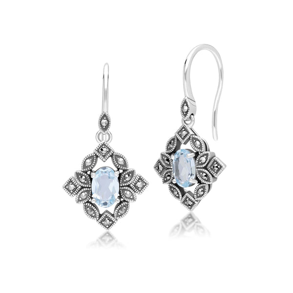 gemondo Art Deco Style Oval Blue Topaz & Marcasite Drop Earrings in Sterling Silver