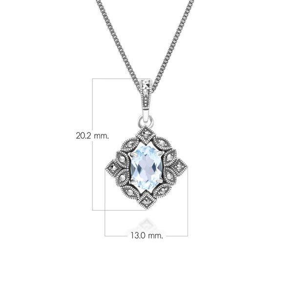 Gemondo Art Deco Style Oval Blue Topaz & Marcasite Pendant Necklace In Sterling Silver