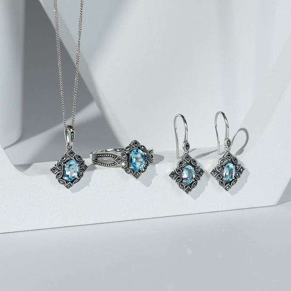 Gemondo Art Deco Style Oval Blue Topaz & Marcasite Pendant Necklace In Sterling Silver