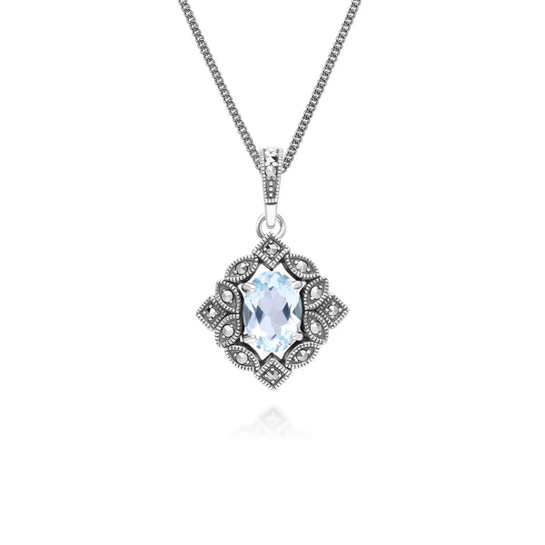 gemondo Art Deco Style Oval Blue Topaz & Marcasite Pendant Necklace in Sterling Silver
