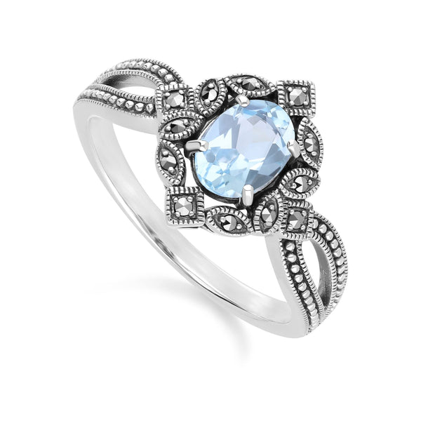 Gemondo Art Deco Style Oval Blue Topaz & Marcasite Ring In Sterling Silver