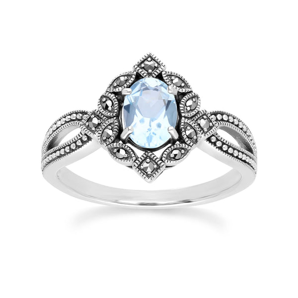 gemondo Art Deco Style Oval Blue Topaz & Marcasite Ring in Sterling Silver