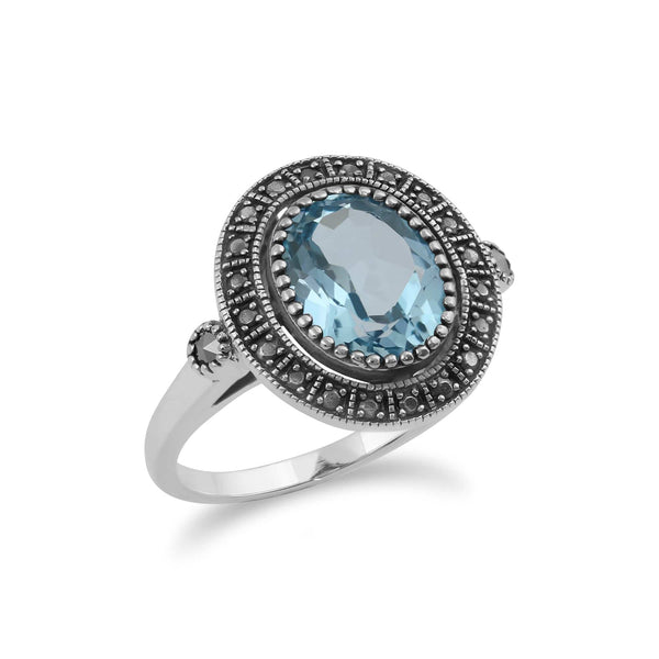 Gemondo Art Deco Style Oval Blue Topaz & Marcasite Statement Cocktail Ring In Sterling Silver
