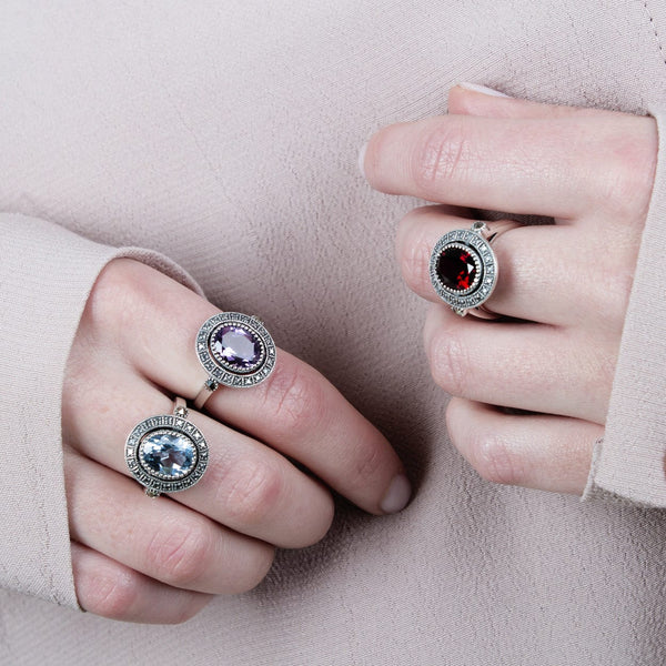 Gemondo Art Deco Style Oval Blue Topaz & Marcasite Statement Cocktail Ring In Sterling Silver