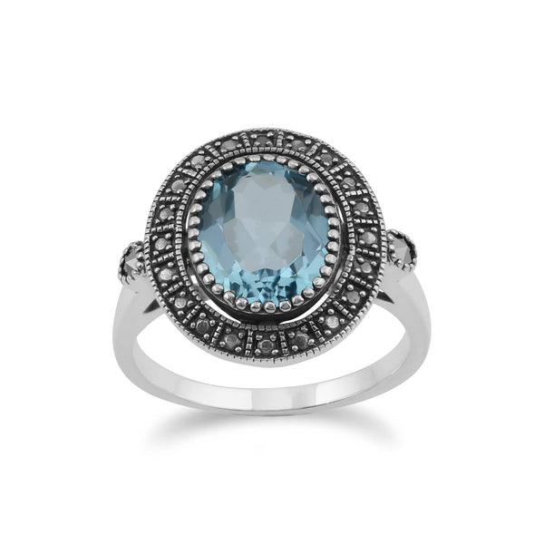 gemondo Art Deco Style Oval Blue Topaz & Marcasite Statement Cocktail Ring In Sterling Silver