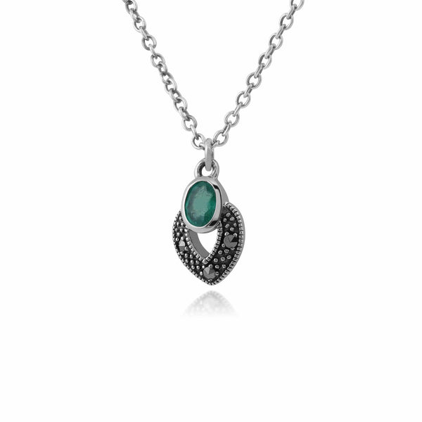 Gemondo Art Deco Style Oval Emerald & Marcasite Necklace In 925 Sterling Silver