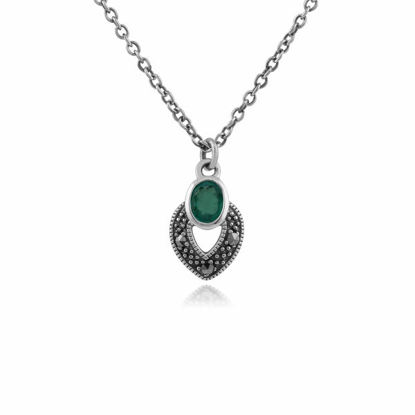 gemondo Art Deco Style Oval Emerald & Marcasite Necklace in 925 Sterling Silver