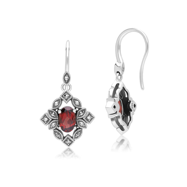 Gemondo Art Deco Style Oval Garnet & Marcasite Drop Earrings In Sterling Silver
