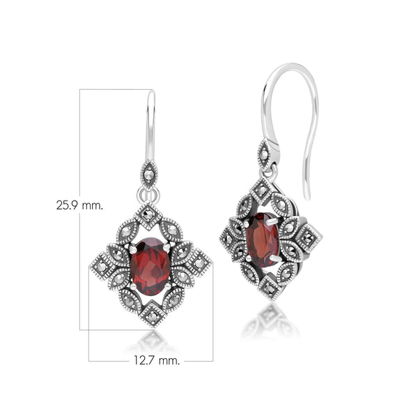 Gemondo Art Deco Style Oval Garnet & Marcasite Drop Earrings In Sterling Silver