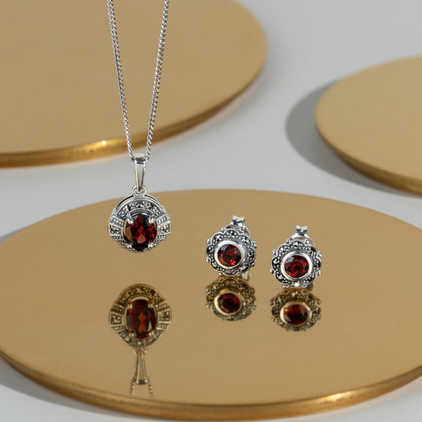 Gemondo Art Deco Style Oval Garnet & Marcasite Halo Pendant In 925 Sterling Silver