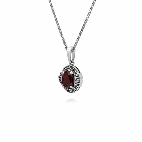 Gemondo Art Deco Style Oval Garnet & Marcasite Halo Pendant In 925 Sterling Silver