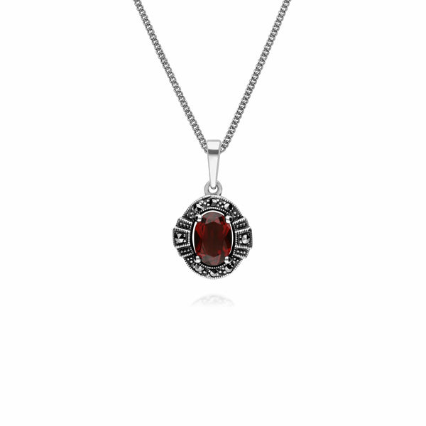 gemondo Art Deco Style Oval Garnet & Marcasite Halo Pendant in 925 Sterling Silver