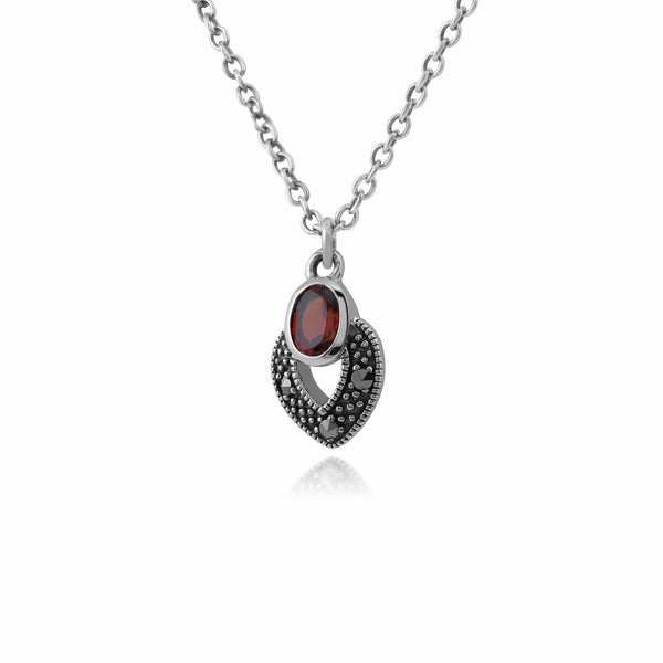 Gemondo Art Deco Style Oval Garnet & Marcasite Necklace In 925 Sterling Silver