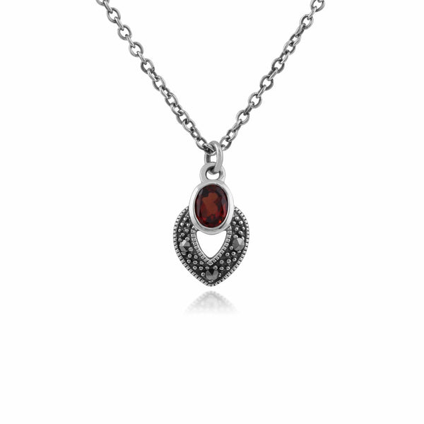 gemondo Art Deco Style Oval Garnet & Marcasite Necklace in 925 Sterling Silver
