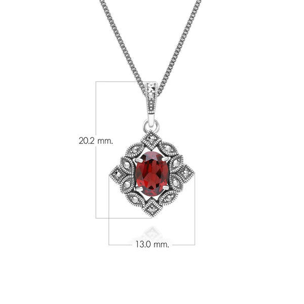 Gemondo Art Deco Style Oval Garnet & Marcasite Pendant Necklace In Sterling Silver