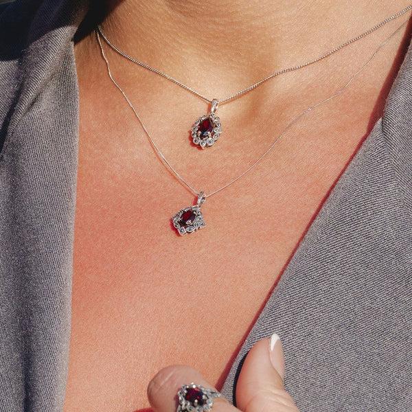 Gemondo Art Deco Style Oval Garnet & Marcasite Pendant Necklace In Sterling Silver