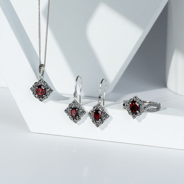 Gemondo Art Deco Style Oval Garnet & Marcasite Pendant Necklace In Sterling Silver