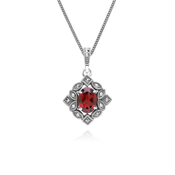 gemondo Art Deco Style Oval Garnet & Marcasite Pendant Necklace in Sterling Silver