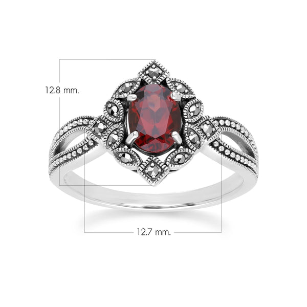 Gemondo Art Deco Style Oval Garnet & Marcasite Ring In Sterling Silver
