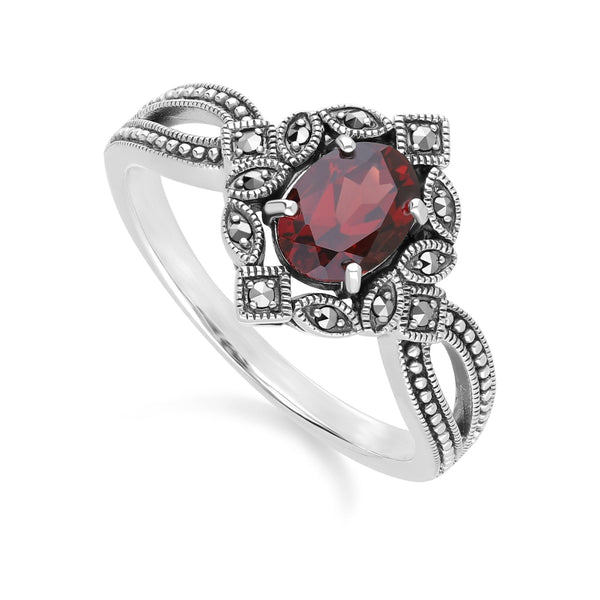 Gemondo Art Deco Style Oval Garnet & Marcasite Ring In Sterling Silver