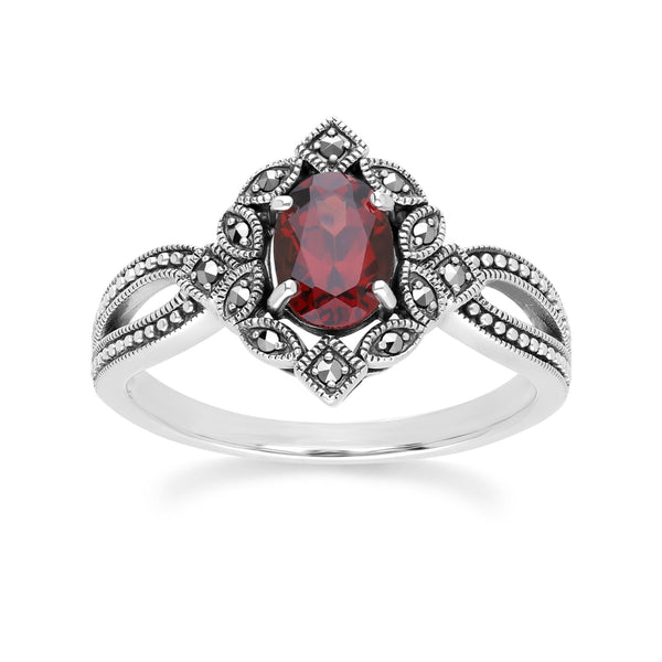 gemondo Art Deco Style Oval Garnet & Marcasite Ring in Sterling Silver