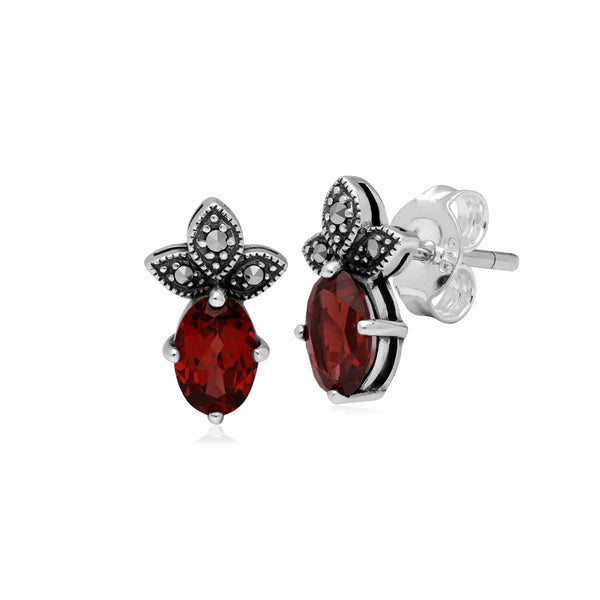 gemondo Art Deco Style Oval Garnet & Marcasite Stud Earrings in 925 Sterling Silver